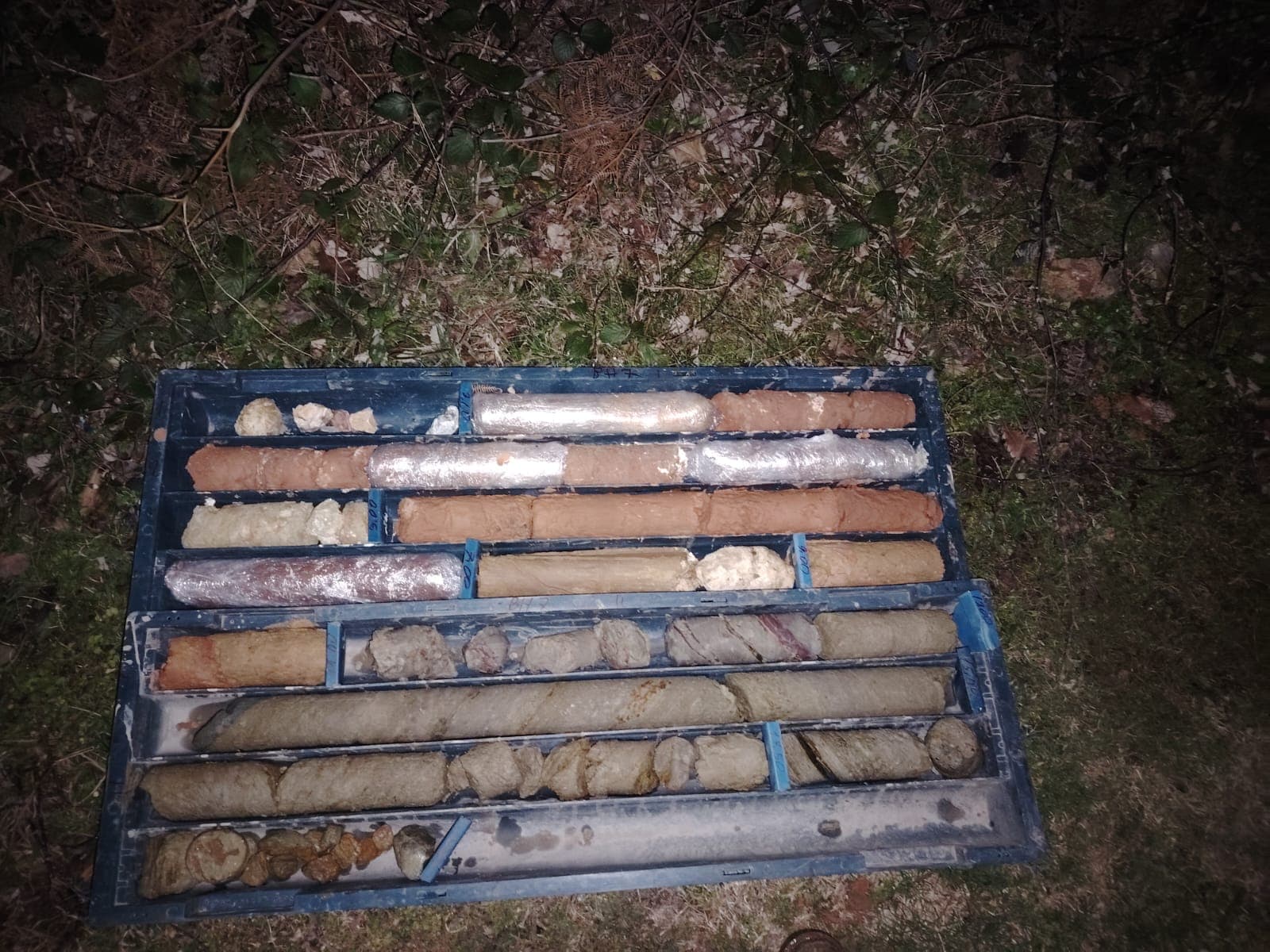 Soil and rock core samples in core box from geotechnical borehole drilling in Kutaisi, Georgia